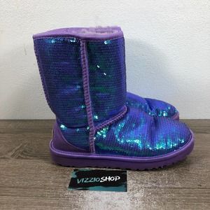 UGG Classic Short Sparkles Sequins Sheepskin Purple Boots Women's 6 3161